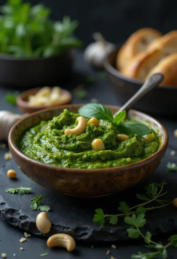 Wild garlic and cashew pesto in a jar, served with fresh ingredients