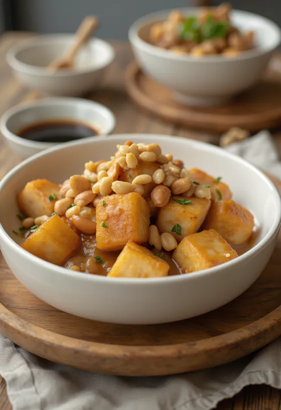 Roasted tofu in peanut marinade served on a plate