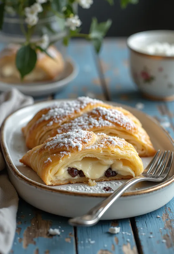 Golden brown sweet cheese strudel dusted with powdered sugar.