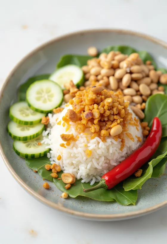 Vegan Nasi Lemak served with coconut rice and fresh vegetables