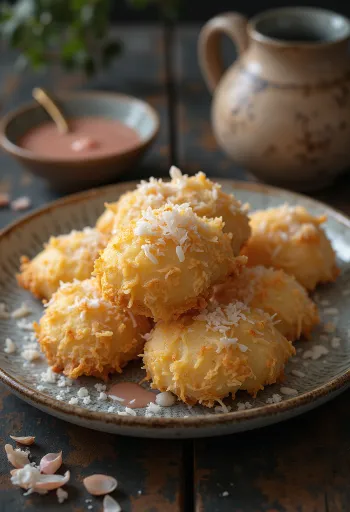 Coconut Anarsa balls freshly fried, golden brown