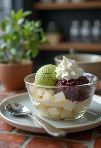 Anmitsu with whipped cream and matcha ice cream, Japanese sweet bowl with agar jelly and red bean paste