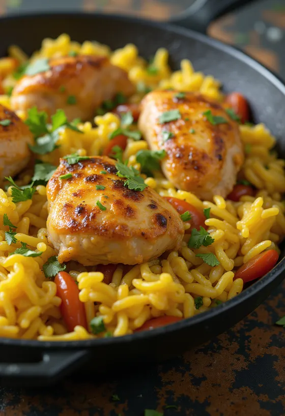 Arroz con Pollo, spiced chicken and rice garnished with cilantro