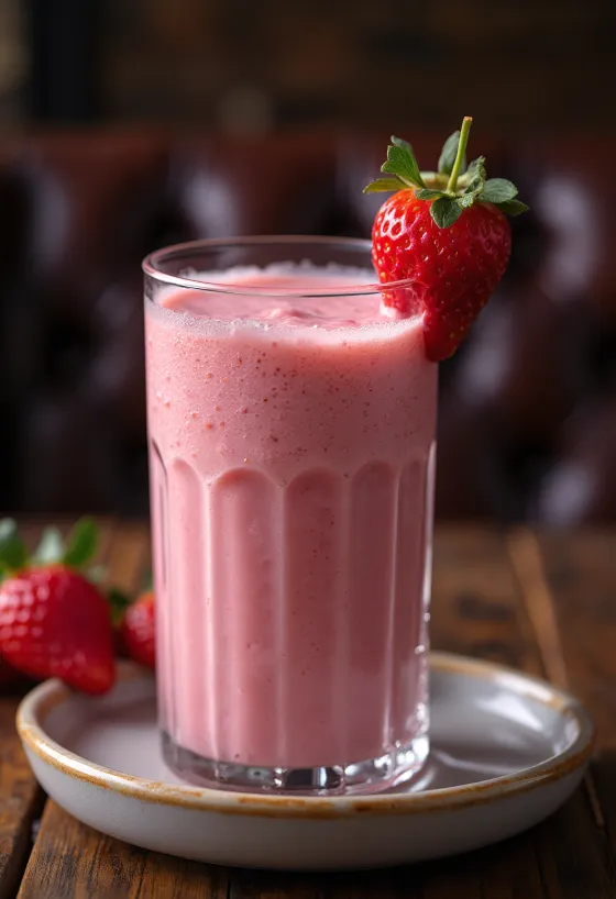 Strawberry smoothie in a tall glass garnished with fresh strawberry