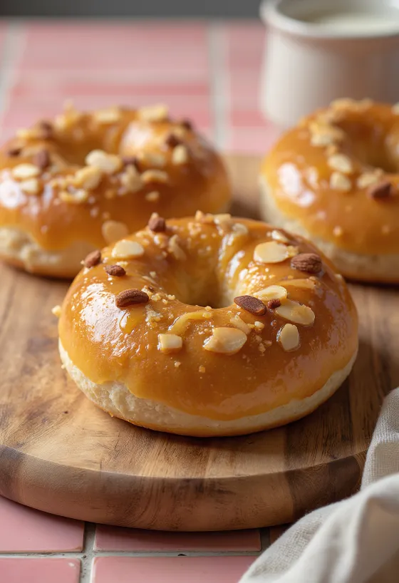Freshly baked cinnamon honey almond bagels