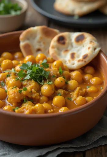 Spiced chickpea curry served with rice and cilantro