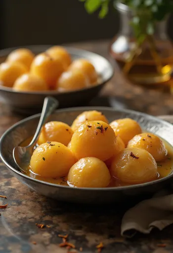 Saffron Gulab Jamun, sweet golden-brown balls in syrup