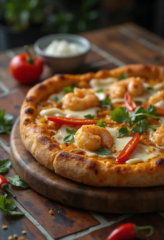 Laksa pizza with malaysian spices and shrimp