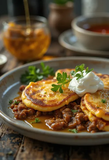Mustard beef crepes baked