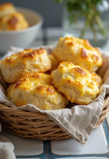 Golden cheesy biscuits on a baking sheet