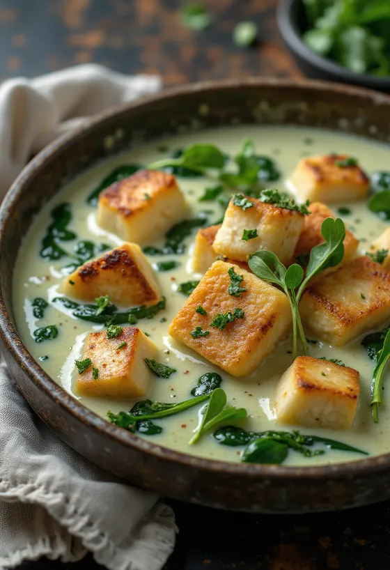 Fried tofu in spinach sauce served in a bowl