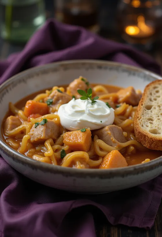 Hearty Pork and Sauerkraut Stew topped with sour cream, served with fresh bread.