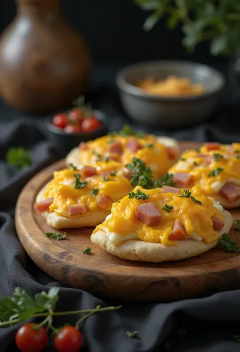 Egg pita for breakfast with ham, peppers, tomato, and grated cheese