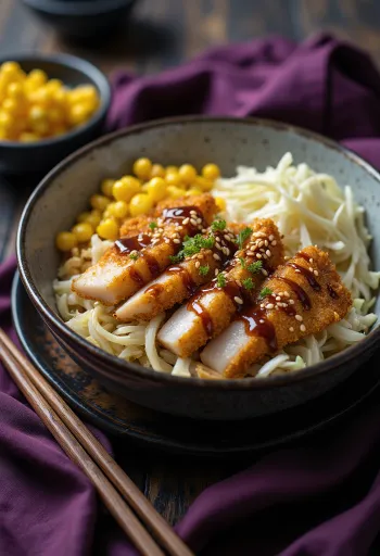 Sesame Tonkatsu bowl with breaded fish and fresh cabbage salad
