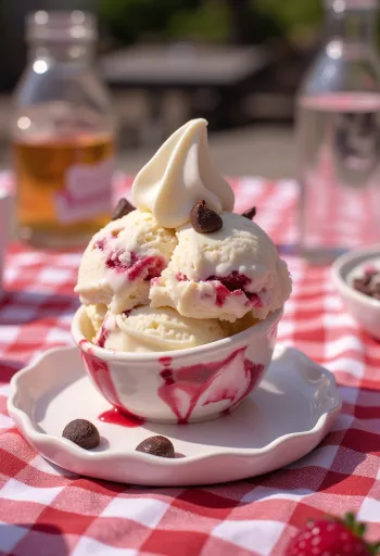 Love Potion ice cream with raspberry swirl and chocolate chips