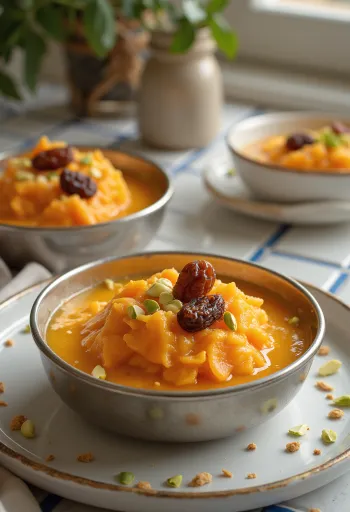 Carrot payasam garnished with fresh pistachios and raisins