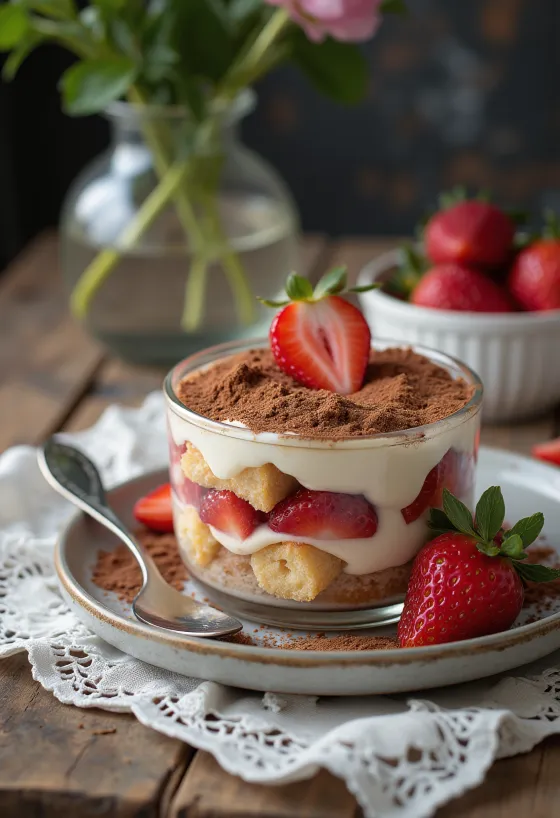 Strawberry tiramisu layered with mascarpone and fresh berries