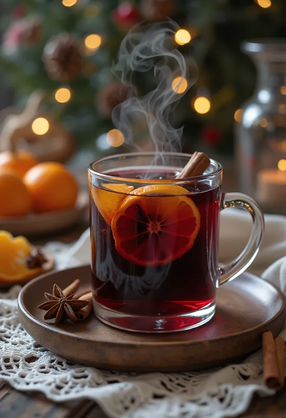 A glass of mulled wine decorated with orange slices and cinnamon.