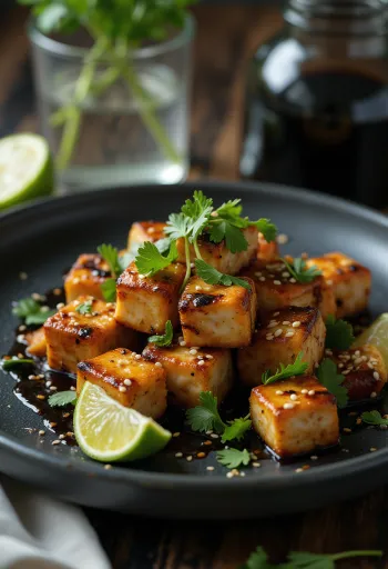 Spicy lime tofu served with sesame seeds and cilantro