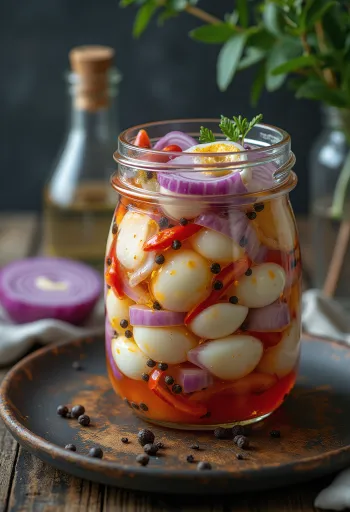 Jar of spicy pickled eggs