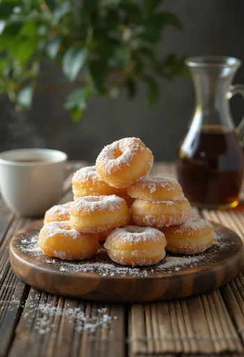 Golden brown doughnuts served with powdered sugar