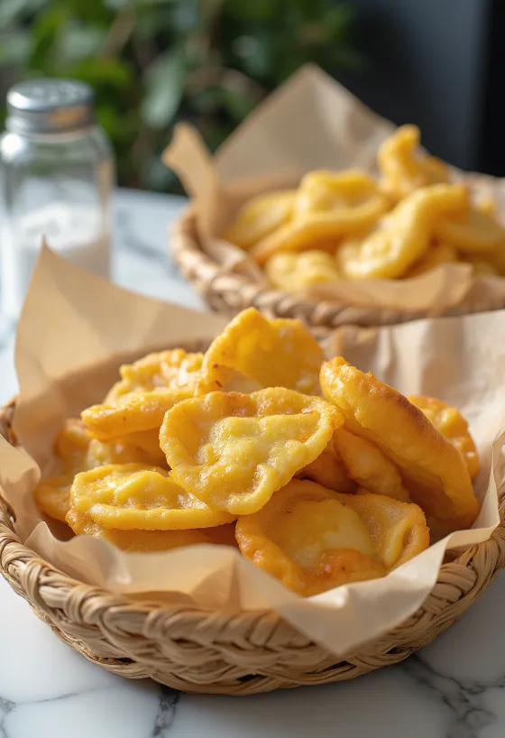 Golden brown fried dough (lángos) topped with sour cream and grated cheese.
