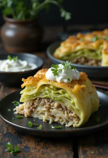 Savoy cabbage casserole layered with ground pork, rice, and sour cream, baked golden brown.