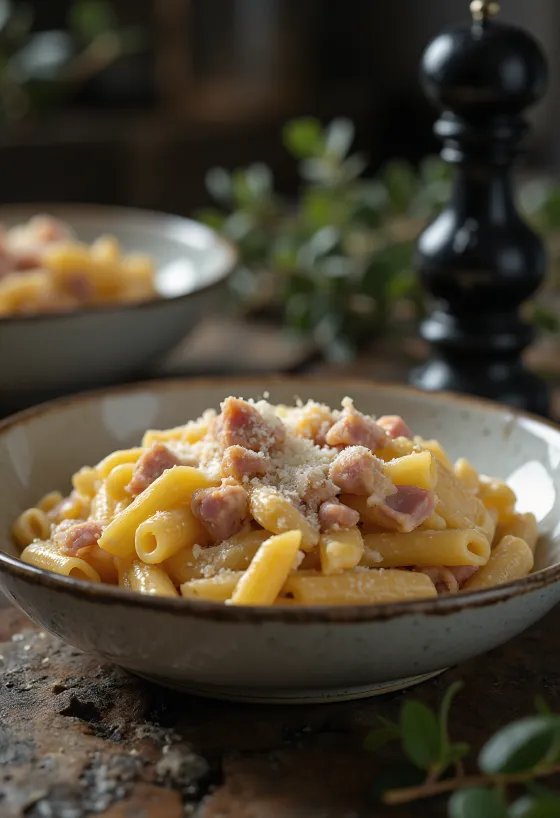 Ham pasta with creamy sauce and garnished with grated cheese, served on a white plate.