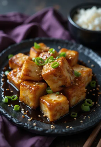 Fried tofu in soy marinade served on a plate