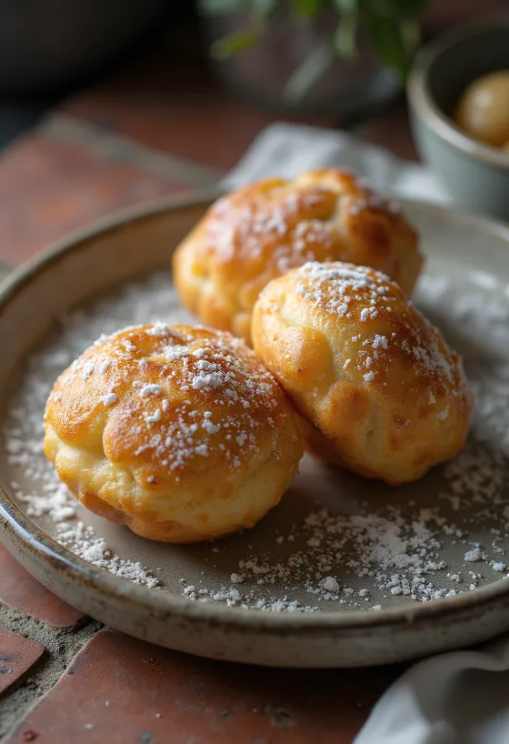 Æbleskiver with cardamom, dusted with powdered sugar
