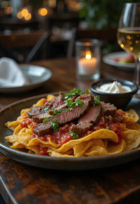 Steak Chilaquiles with red sauce, cheese, and sour cream