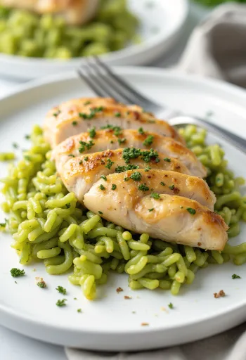 Pan-seared chicken served over green pesto rice