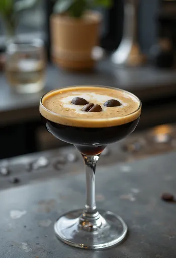 Espresso Martini cocktail garnished with three coffee beans