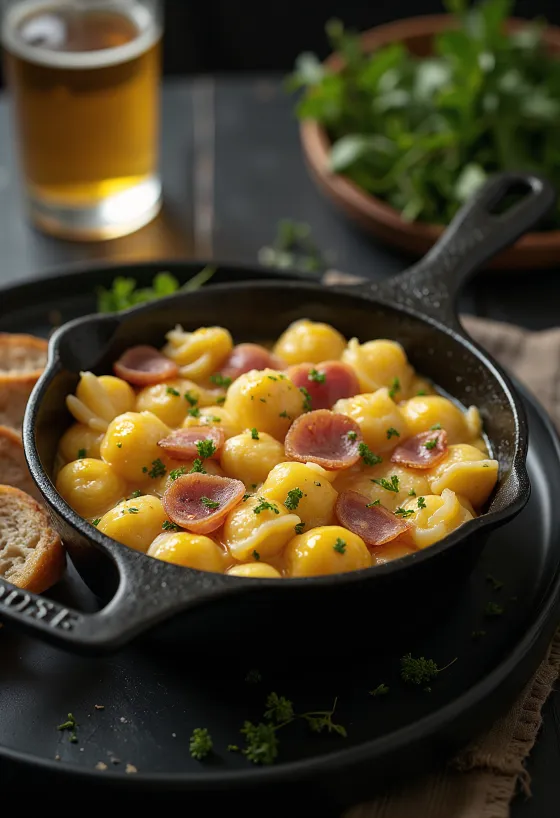 Egg dumplings with crispy ham served