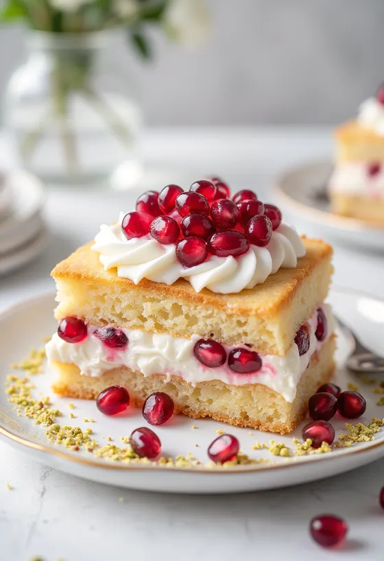 Pomegranate cream cake decorated with fresh seeds