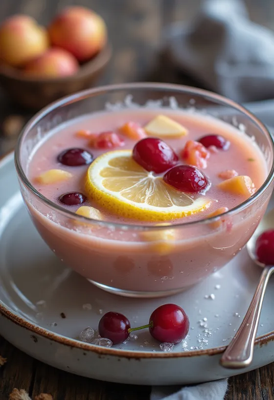 Chilled fruit soup with a creamy texture, served with fresh fruit chunks.