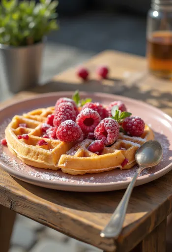Raspberry Waffles with fresh fruit