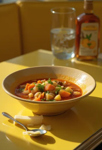 Fresh Italian vegetable soup served, garnished with vegetables and herbs.