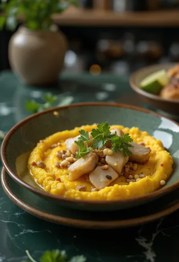 Vatapá served with fish, coconut milk, and fresh herbs