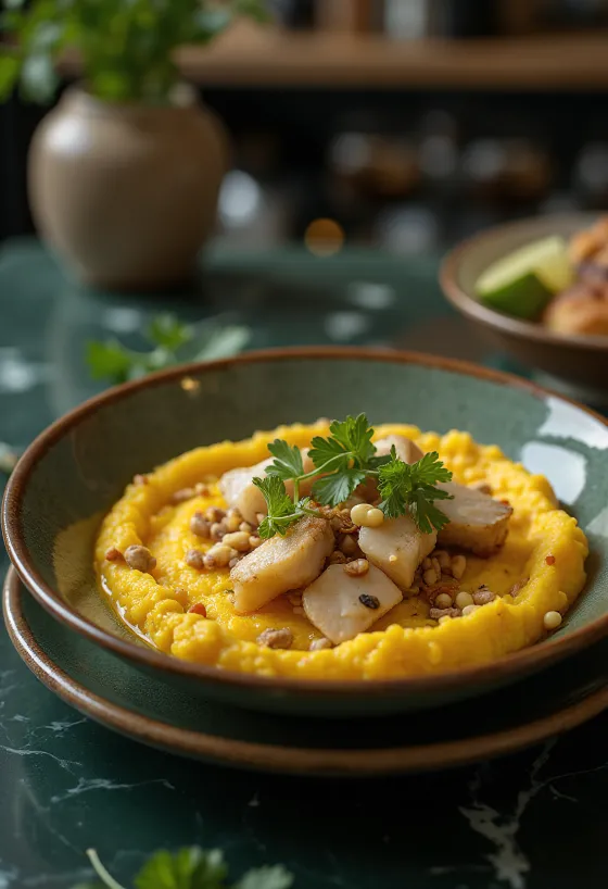 Vatapá served with fish, coconut milk, and fresh herbs