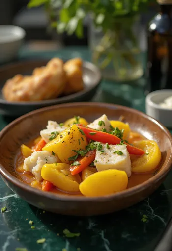 Ackee and salted cod served with vegetables and spices
