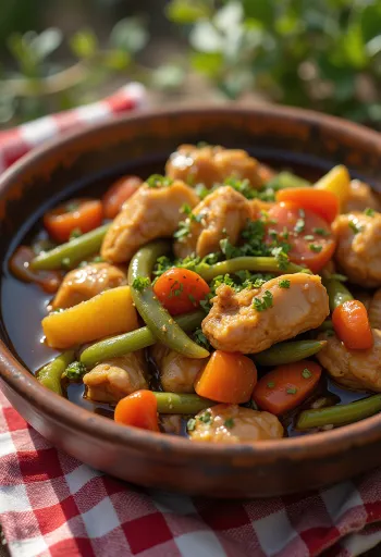 Adobo with vegetable ragout, garnished with fresh cilantro