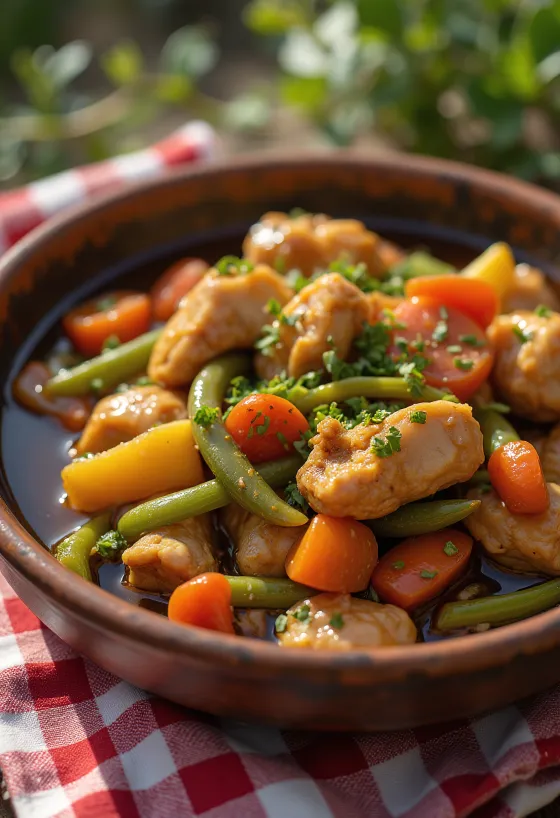 Adobo with vegetable ragout, garnished with fresh cilantro