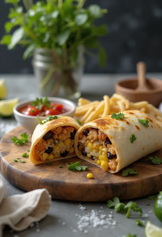 Chicken burrito filled with fresh vegetables, rice, and cheese.