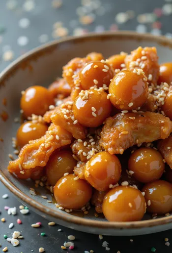 Chestnut Tangsuyuk, crispy chicken with roasted chestnuts and sesame seeds