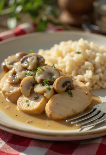Juicy chicken breast with creamy mushroom sauce, served on a white plate.