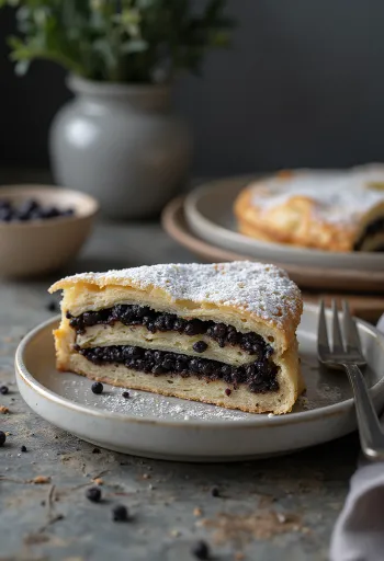 Slice of poppy seed pie with lattice top