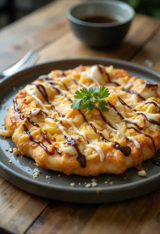 Okonomiyaki pizza with cabbage and bonito flakes