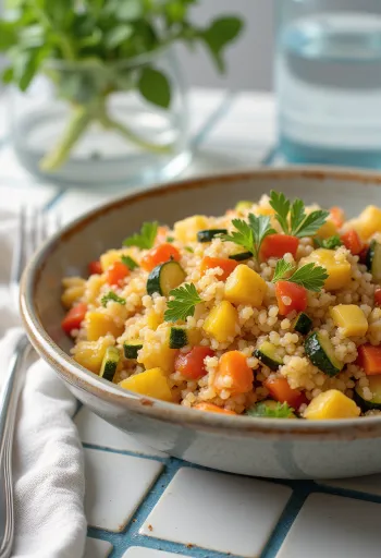 Vegetable bulgur pilaf with fresh peppers, tomatoes, and zucchini pieces.
