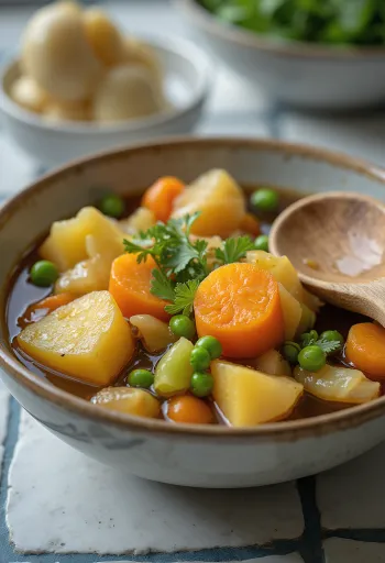 Vegetable Nikujaga served with rich vegetables and fresh cilantro
